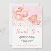 テディベアピンクバルーン金ゴールドスターバプテスマ サンキューカード (正面)