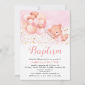 テディベアピンクバルーン金ゴールドスターバプテスマ 招待状 (正面)