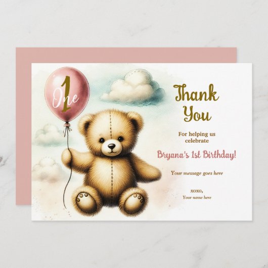テディベアピンクバルーン1st誕生日パーティー 招待状 (正面/裏面)