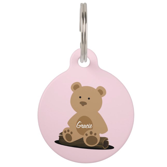 テディベアピンクパーソナライズされたペット用名札 ペット　ネームタグ (正面)