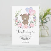 テディベアピンクパープルフローラバルーンベビーガール サンキューカード (スタンド正面)