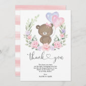 テディベアピンクパープルフローラバルーンベビーガール サンキューカード (正面/裏面)
