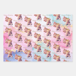 テディベアピンクボウ金ゴールドクラウンハッピーバースデー ラッピングペーパーシート