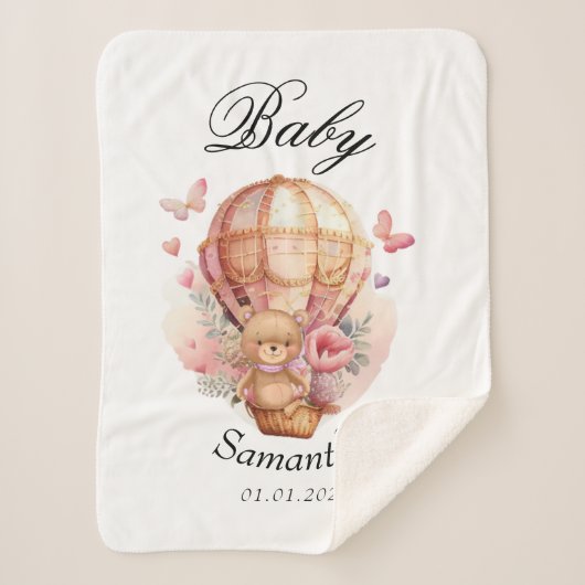 テディベアピンク熱気球ベビーシャワー シェルパブランケット (正面)