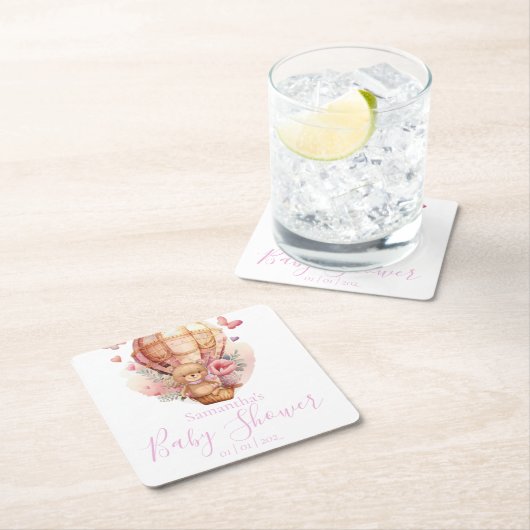 テディベアピンク熱気球ベビーシャワー スクエアペーパーコースター (インサイチュ)