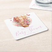 テディベアピンク熱気球ベビーシャワー スクエアペーパーコースター (アングル)