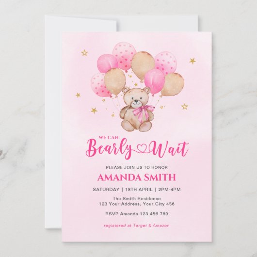 テディベアピンク真珠のように待つ赤ちゃんシャワー 招待状 (正面)