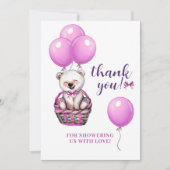 テディベアピンク赤ちゃんシャワー サンキューカード (正面)