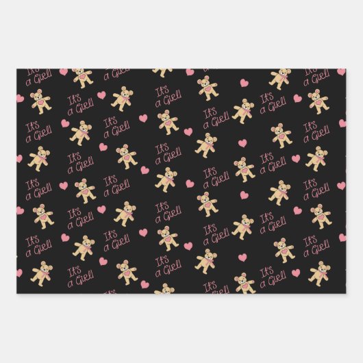 テディベアピンク赤ちゃんシャワー ラッピングペーパーシート (正面3)