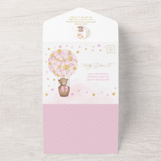 テディベアピンク金ゴールド熱風船ベビーシャワー オールインワン招待状 (外側)