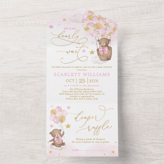 テディベアピンク金ゴールド熱風船ベビーシャワー オールインワン招待状 (内側)