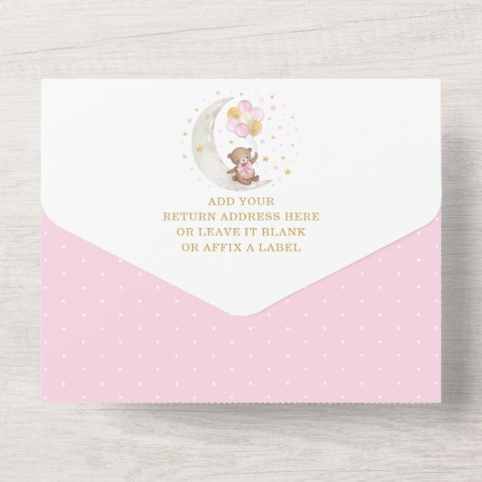 テディベアピンク金ゴールド熱風船ベビーシャワー オールインワン招待状 (裏面)