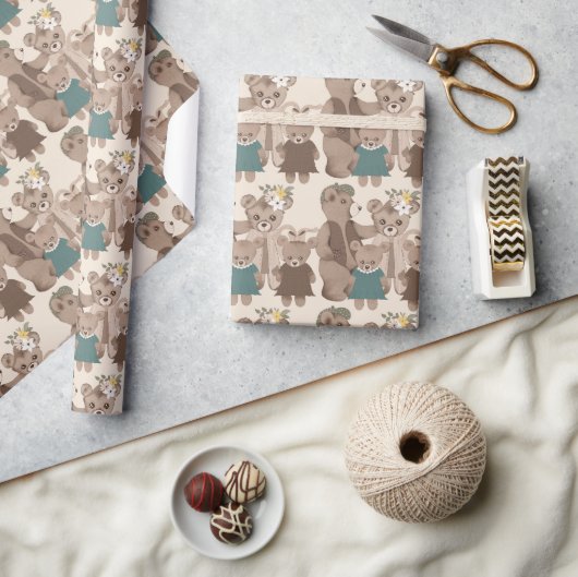 テディベアファミリーフローラ緑ベビーシャワー ラッピングペーパー (クラフト)