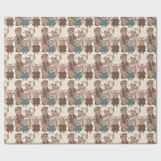 テディベアファミリーフローラ緑ベビーシャワー ラッピングペーパー (フラット)