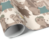 テディベアファミリーフローラ緑ベビーシャワー ラッピングペーパー (ロールコーナー)