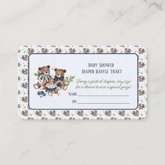 テディベアファミリー男の赤ちゃんシャワーおむつラッフル エンクロージャーカード (正面)