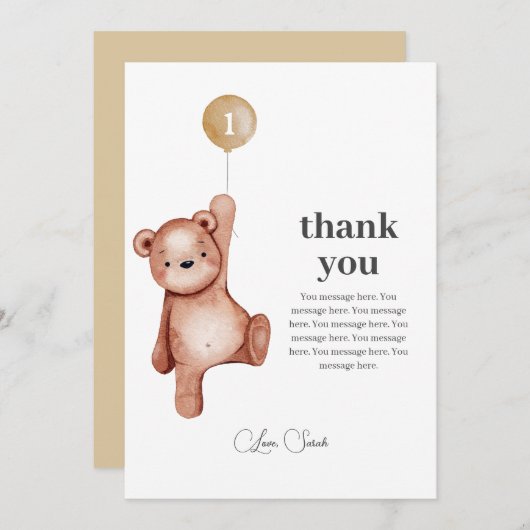 テディベアファースト誕生日サンキューカード サンキューカード (正面/裏面)