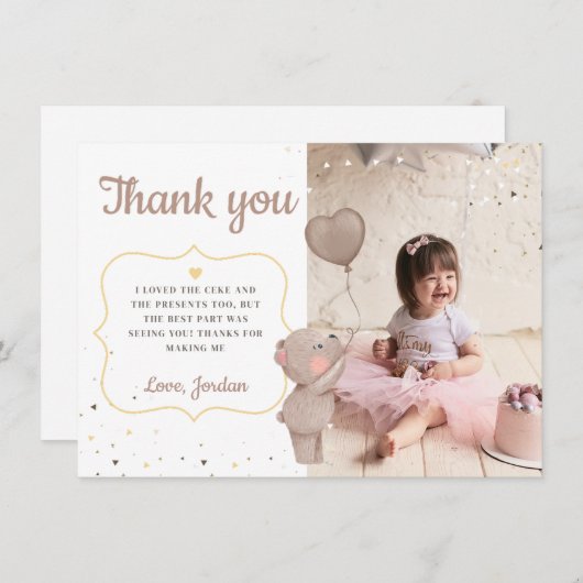 テディベアファースト誕生日サンキューカード 招待状 (正面/裏面)