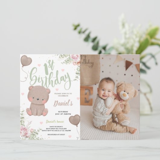 テディベアファースト誕生日招待状フォトカード 招待状 (スタンド正面)
