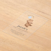 テディベアファースト誕生日招待状ブルーバルーン アクリル招待状 (レイダウン)