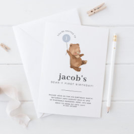 テディベアファースト誕生日招待状ブルーバルーン 招待状