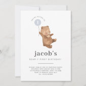 テディベアファースト誕生日招待状ブルーバルーン 招待状 (正面)