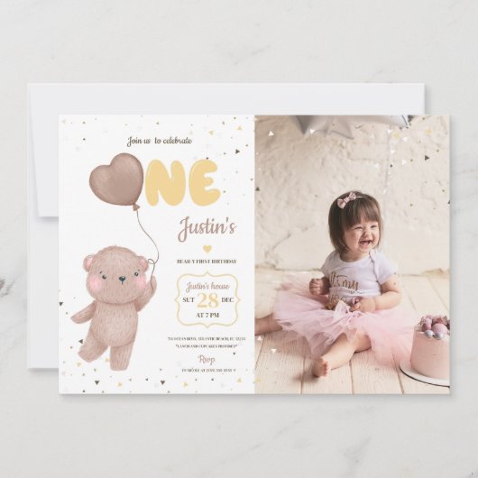 テディベアファースト誕生日招待状付き写真 招待状 (正面)