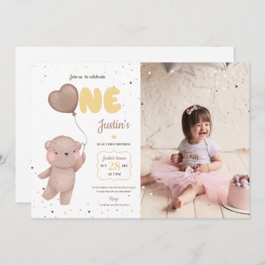 テディベアファースト誕生日招待状付き写真 招待状 (正面/裏面)