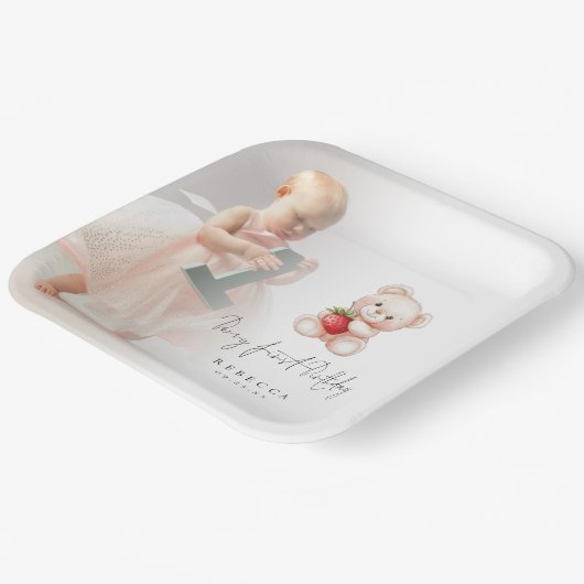 テディベアフォトオーバーレイベリーファースト誕生日 ペーパープレート (傾斜あり)