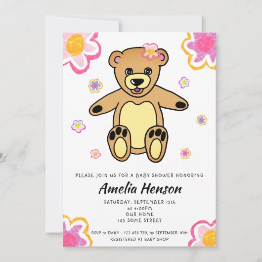 テディベアフラワーガールフローラベビーシャワー 招待状 (正面)