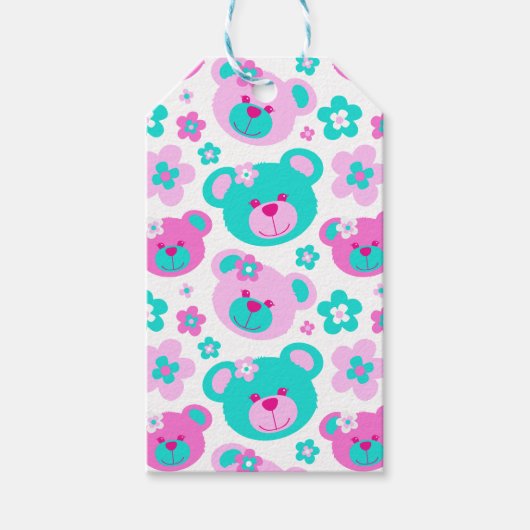 テディベアフラワーピンクアクアギフトラベル ギフトタグ (正面)