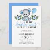 テディベアフローラブルーボーイベビーシャワー 招待状 (正面/裏面)