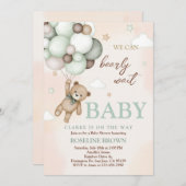 テディベアブラウンセージ緑のバルーン赤ちゃんシャワー 招待状 (正面/裏面)