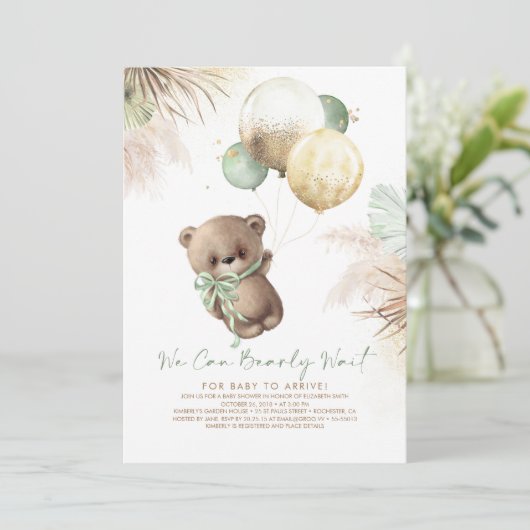 テディベアブラウンセージ緑のバルーン赤ちゃんシャワー 招待状 (スタンド正面)