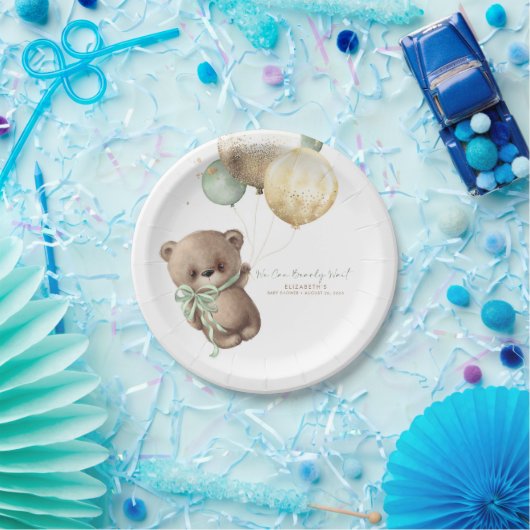 テディベアブラウンセージ金ゴールドボホベイビーシャワー ペーパープレート (パーティー)