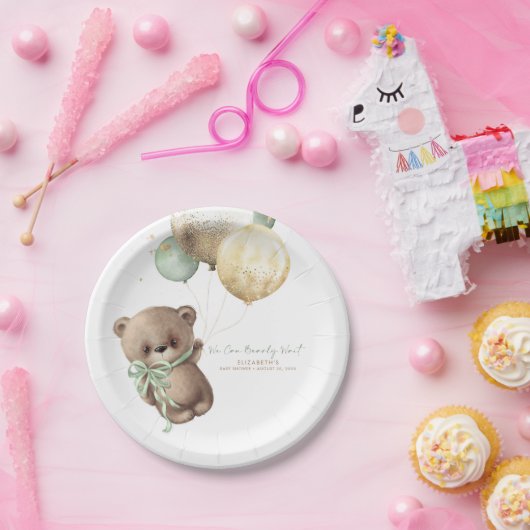 テディベアブラウンセージ金ゴールドボホベイビーシャワー ペーパープレート (パーティー)