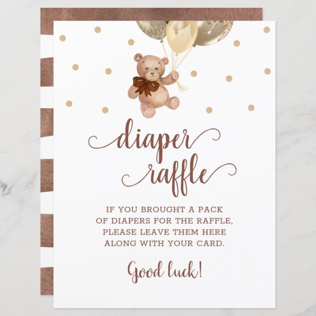テディベアブラウン及び金ゴールドおむつラッフルゲーム (正面/裏面)
