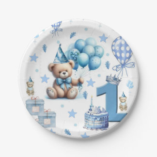 テディベアブルーの紙皿 1歳の誕生日おめでとう ペーパープレート