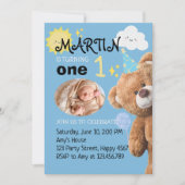 テディベアブルーカスタムフォトボーイ第1誕生日 招待状 (正面)