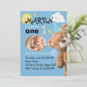 テディベアブルーカスタムフォトボーイ第1誕生日 招待状 (スタンド正面)