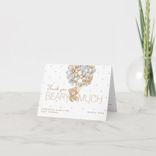 テディベアブルーハート&バルーン男の赤ちゃんシャワー サンキューカード (正面)