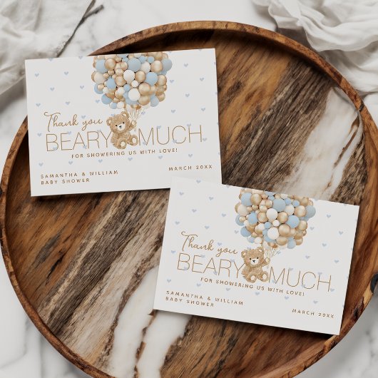 テディベアブルーハート&バルーン男の赤ちゃんシャワー サンキューカード