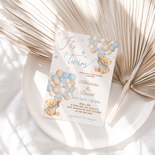 テディベアブルーバルーズツインボーイズベビーシャワー 招待状