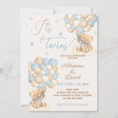 テディベアブルーバルーズツインボーイズベビーシャワー 招待状 (正面)