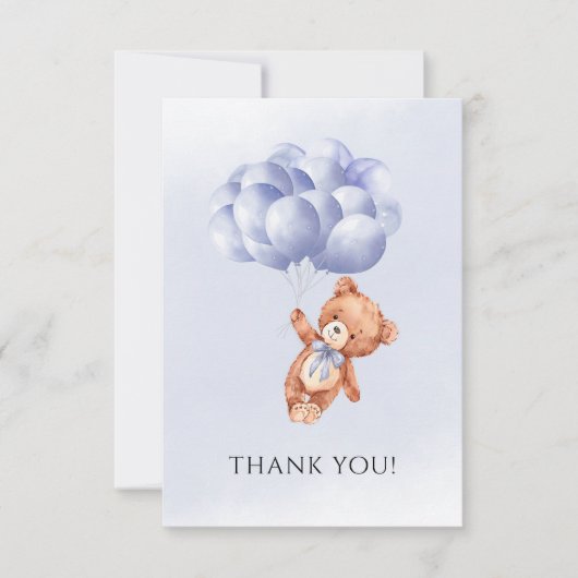 テディベアブルーバルーンウォーター色ボーイベビーシャワー サンキューカード (正面)
