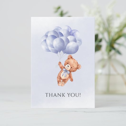 テディベアブルーバルーンウォーター色ボーイベビーシャワー サンキューカード (スタンド正面)