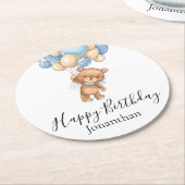 テディベアブルーバルーンハッピーバースデー ラウンドペーパーコースター (アングル)