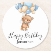 テディベアブルーバルーンハッピーバースデー ラウンドペーパーコースター (正面)
