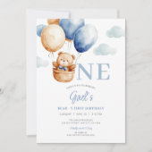 テディベアブルーバルーンファースト誕生日 招待状 (正面)