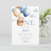 テディベアブルーバルーンファースト誕生日 招待状 (スタンド正面)